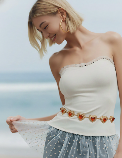 Metallic Heart Amber Stone Chain Belt