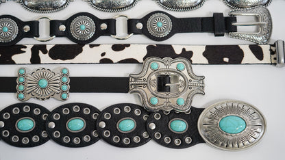 Thin Leather Metal Concho Belt with Western Buckle