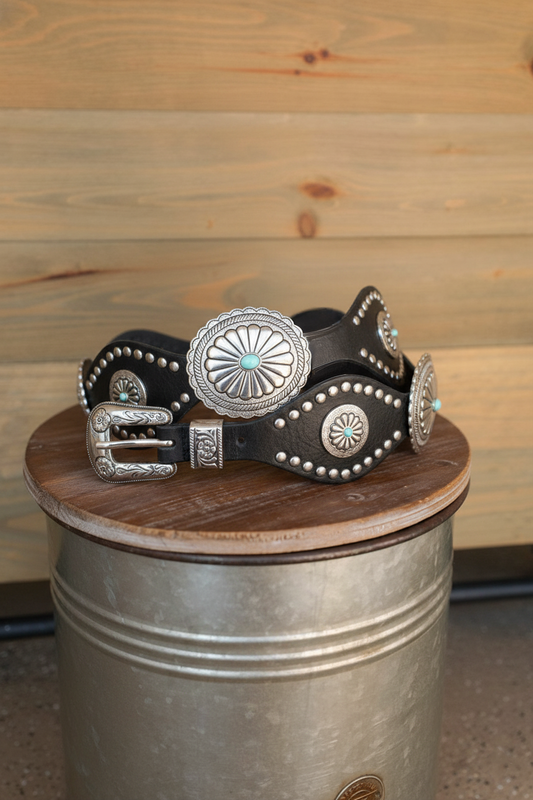 Maximalist Silver Concho Western Buckle Leather Belt