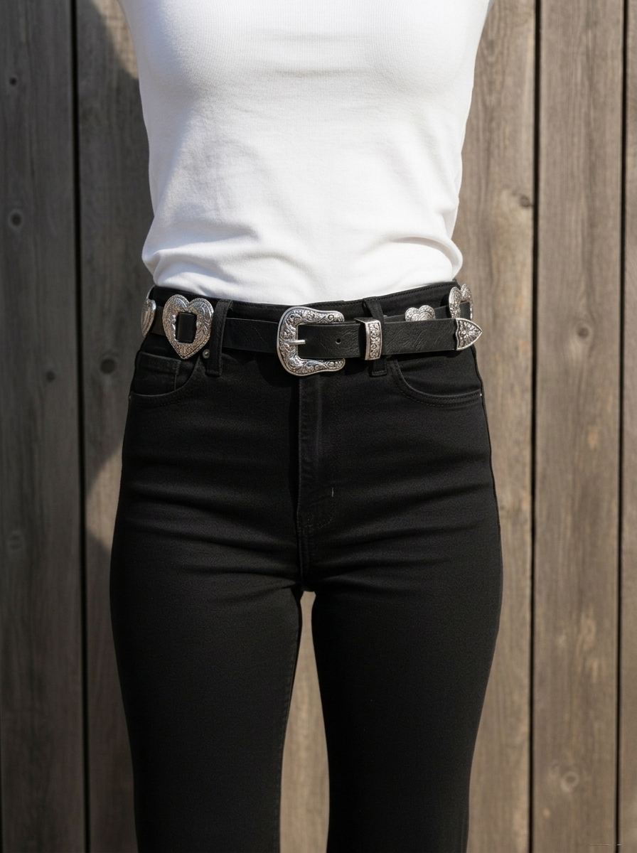 Grunge Silver Heart Concho Leather Belt