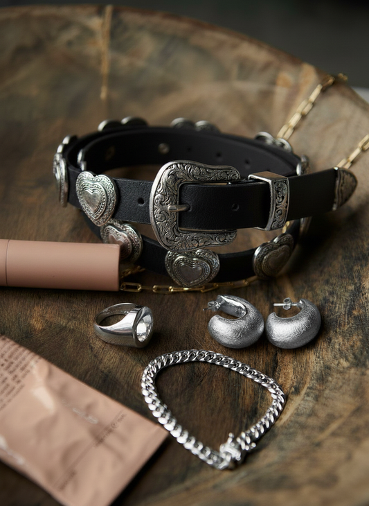 Grunge Silver Heart Concho Leather Belt
