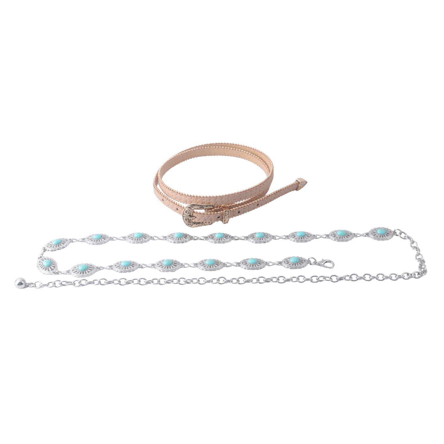 Two-Piece Belt Set: Turquoise Concho Chain + Gold Zipper Lined