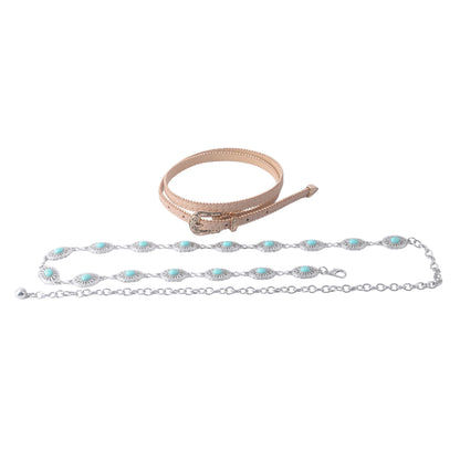 Two-Piece Belt Set: Turquoise Concho Chain + Gold Zipper Lined