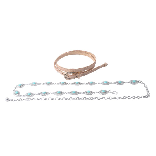 Two-Piece Belt Set: Turquoise Concho Chain + Zipper Lined