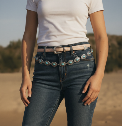 Two-Piece Belt Set: Turquoise Concho Chain + Gold Zipper Lined