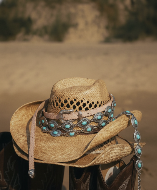 Two-Piece Belt Set: Turquoise Concho Chain + Gold Zipper Lined