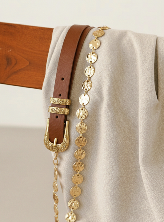 Two-Piece Set: Hammered Gold Chain Belt + Skinny Basic