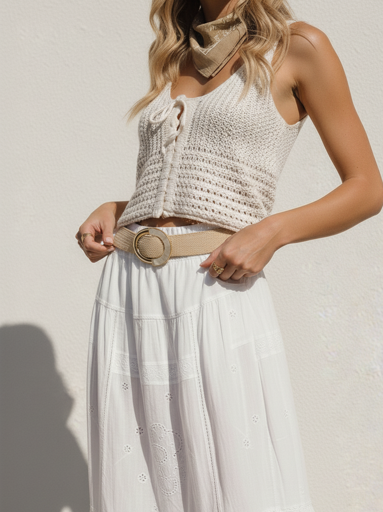 Shiny Two Toned Buckle Raffia Stretch Belt