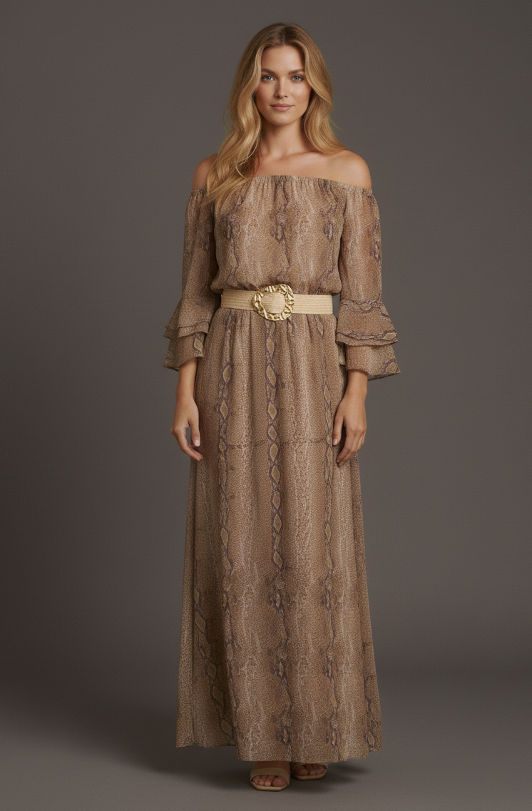 Embossed Gold Buckle Raffia Stretch Belt