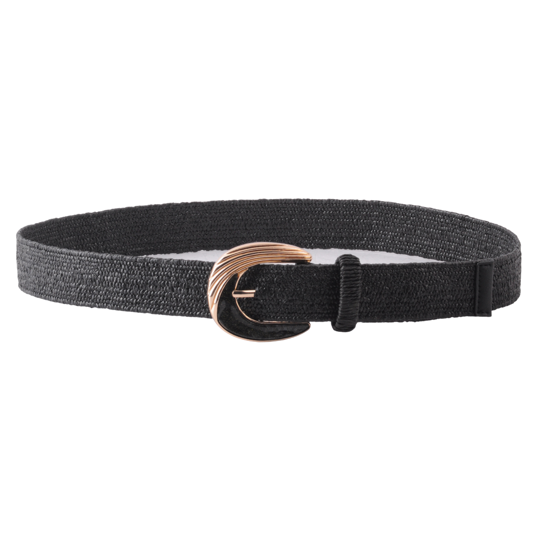 Two-Tone Sculpted Curve Buckle Raffia Belt