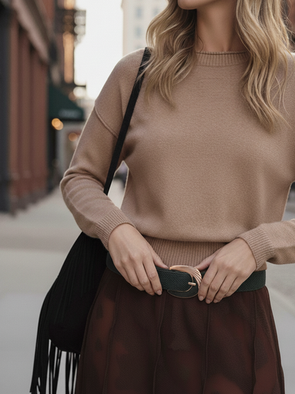 Two-Tone Sculpted Curve Buckle Raffia Belt