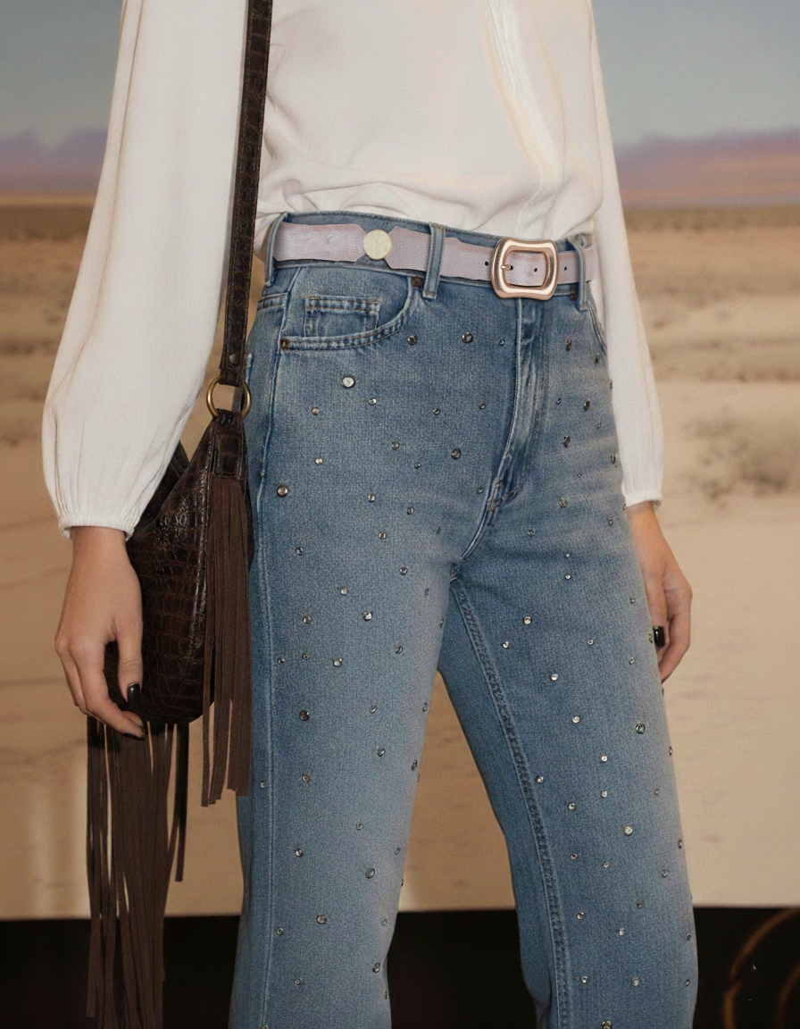 Gold Circle Link and Leather Panel Alternating Pattern Belt