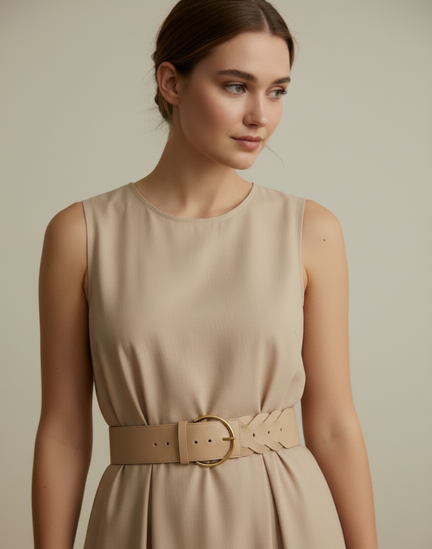 Ultra Thin Brass Buckle Belt with Chevron Patterned Woven Tail