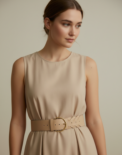 Ultra Thin Brass Buckle Belt with Chevron Patterned Woven Tail