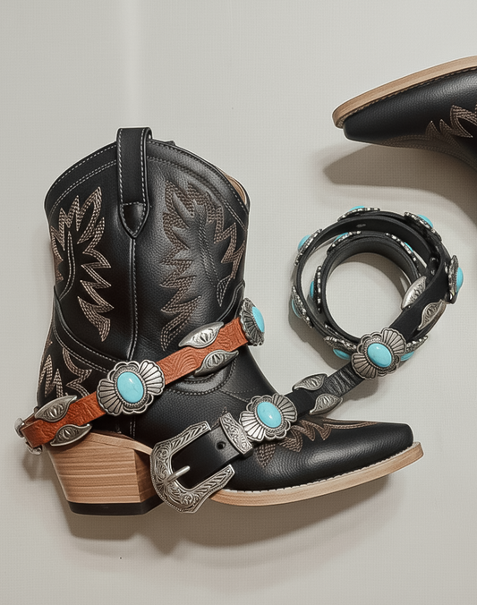 Western Concho Leather Belt with Oval Turquoise Stones