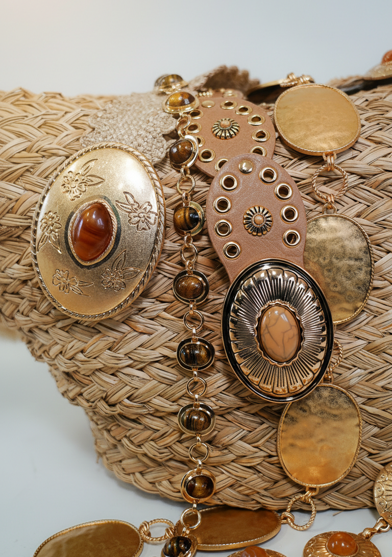 Scalloped Raffia Corset Belt with Amber Stone Buckle