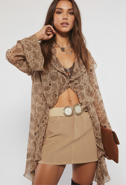 Wide Raffia Stretch Belt with Double Pearl Circle Buckle