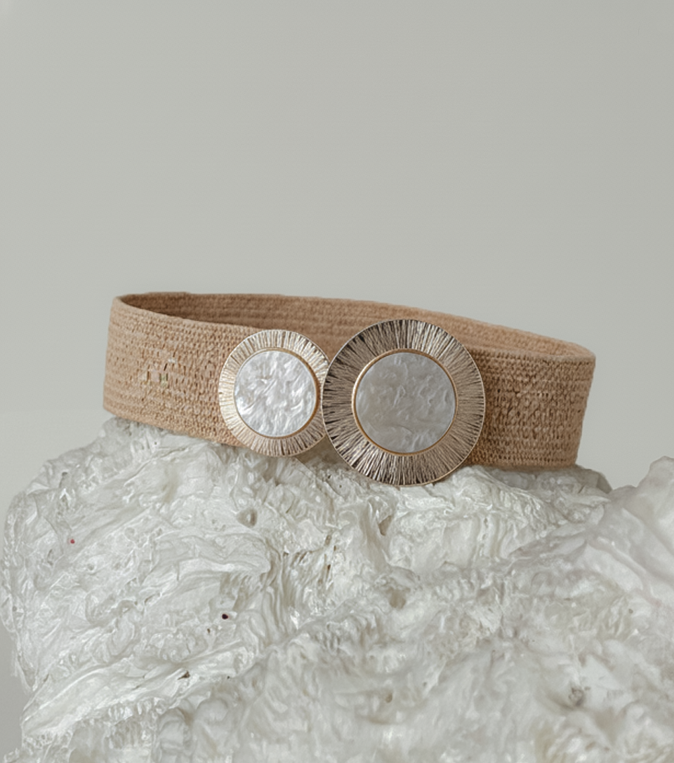 Wide Raffia Stretch Belt with Double Pearl Circle Buckle