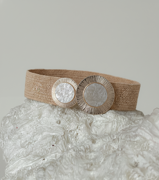 Wide Raffia Stretch Belt with Double Pearl Circle Buckle