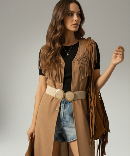 Wide Raffia Stretch Belt with Woven Rope Spiral Double Circle Buckle