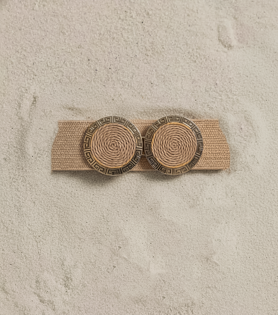 Wide Raffia Stretch Belt with Woven Rope Spiral Double Circle Buckle