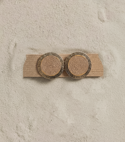 Wide Raffia Stretch Belt with Woven Rope Spiral Double Circle Buckle