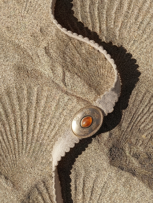 Scalloped Raffia Corset Belt with Amber Stone Buckle