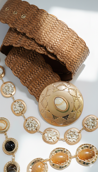 Textured Raffia Belt with Engraved Pearl Buckle