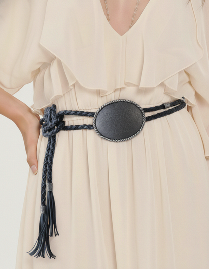 The Outlaw: A Braided Leather Western Rope Belt with Oval Concho and Tassel
