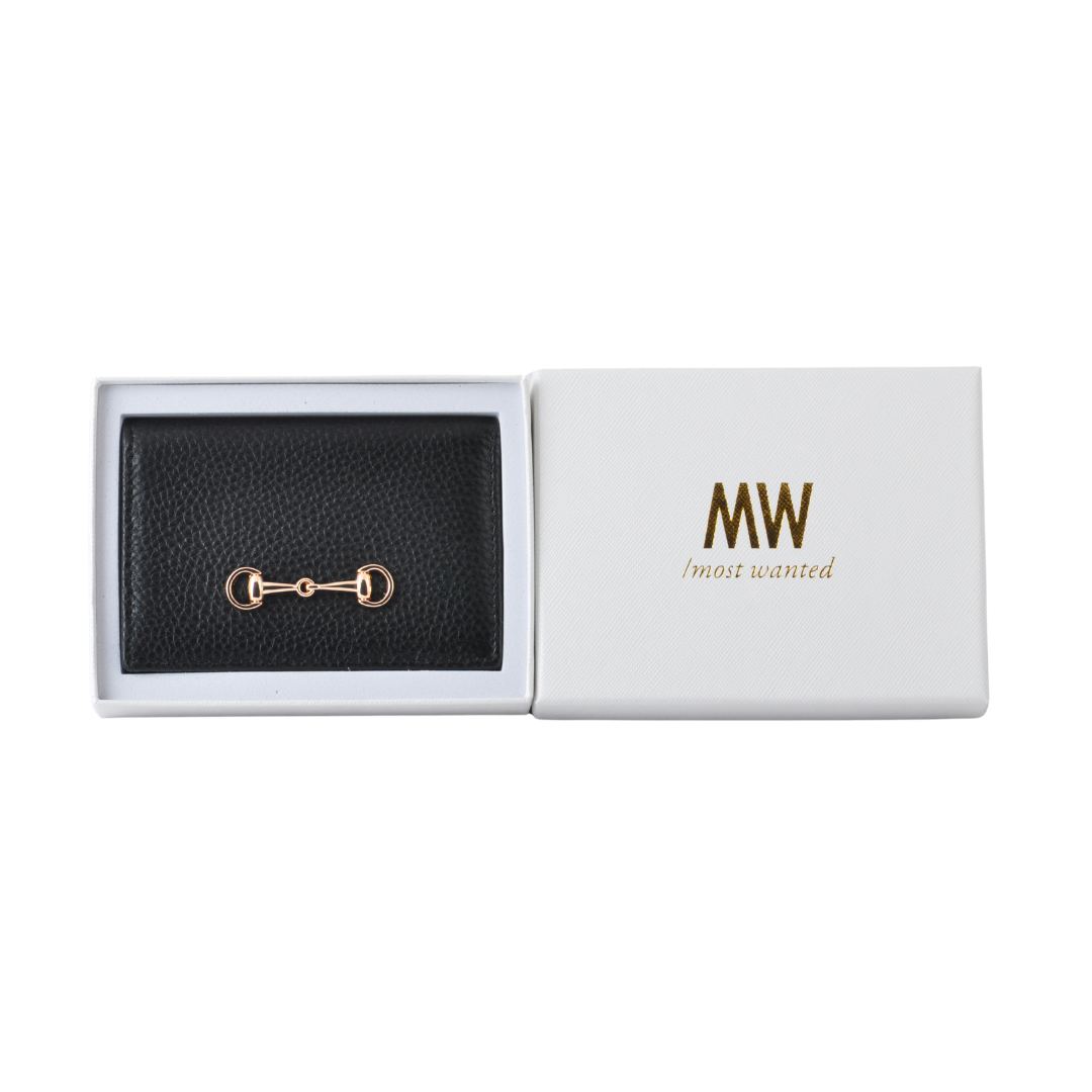 Gold Horsebit Compact Folded Card Case in Grained Leather