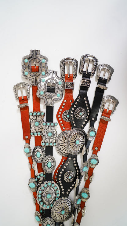 Western Concho Leather Belt with Oval Turquoise Stones