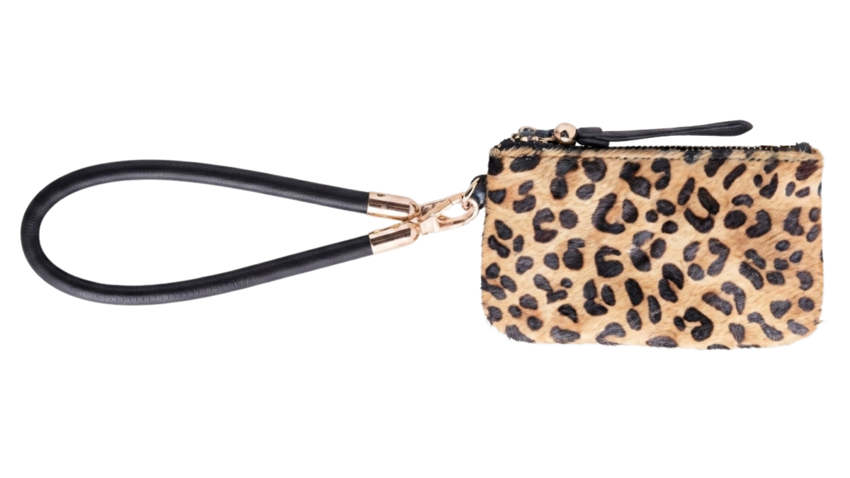 Safari Wristlet: Genuine Calf Hair Leather Zip Pouch with Wrist Strap