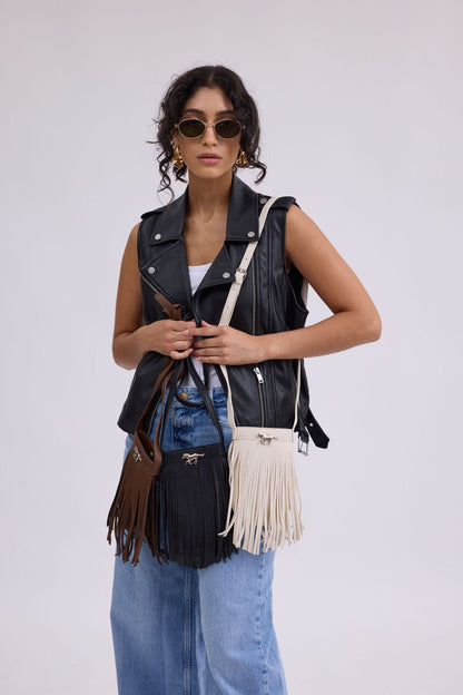 Vegan Leather Fringe North-South Bag with Horse Hardware