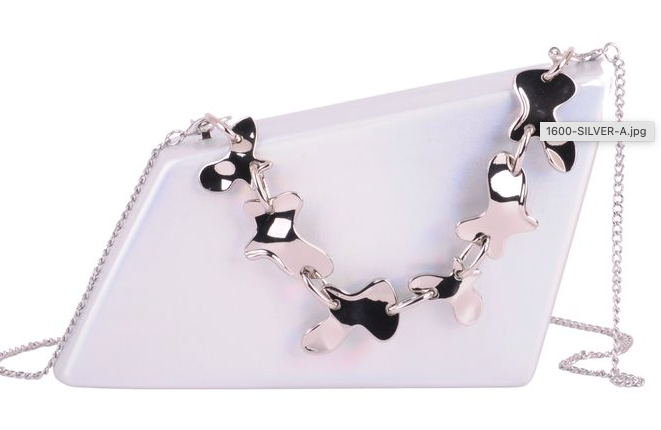 1600 - Dazzling Sophistication: Shimmer PU Asymmetrical Clutch with Abstract Chain Top Handle and Crossbody Chain