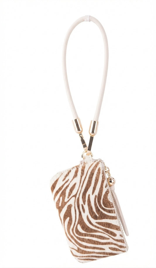 Safari Wristlet: Genuine Calf Hair Leather Zip Pouch with Wrist Strap