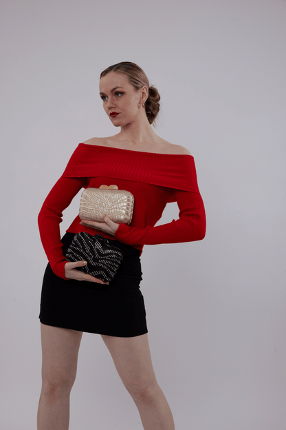1611 - Natural Handmade Embroidery and Crystal Waves Clutch with Chain Crossbody - Wholesale Handbag - Most Wanted USA