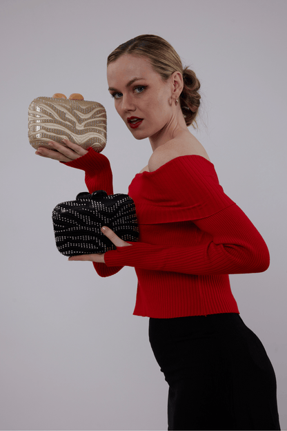 1611 - Natural Handmade Embroidery and Crystal Waves Clutch with Chain Crossbody - Wholesale Handbag - Most Wanted USA