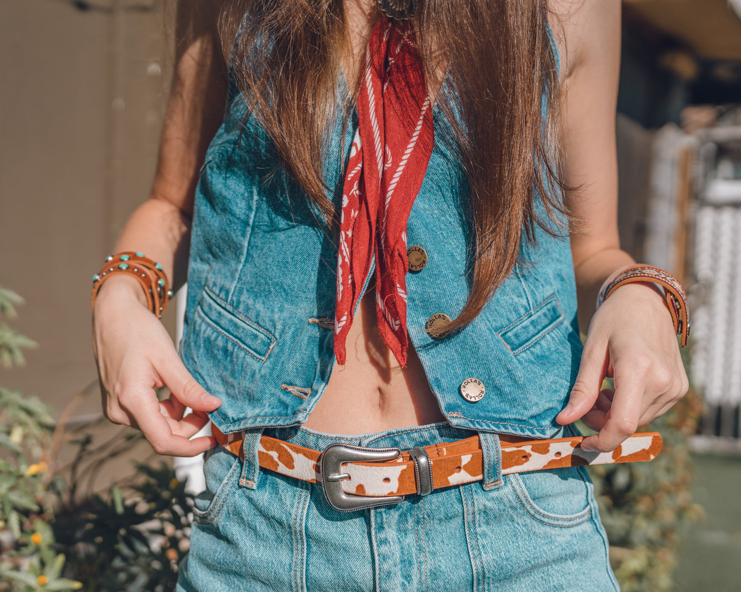 Cow Print Calf Hair Western Buckle Leather Belt