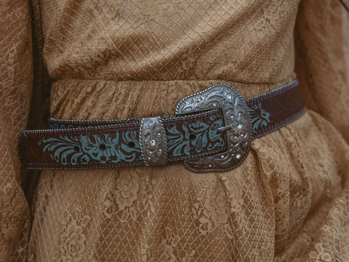 1781-BROWN-S 1781 - Turquoise Tinted Western Rhinestone Buckle Belt - Wholesale Belt - Most Wanted USA