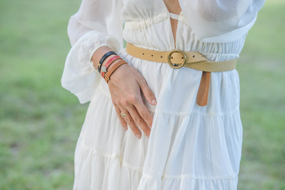 5036 - Brass-Toned Circle Buckle Leather Belt - Wholesale Belt - Most Wanted USA