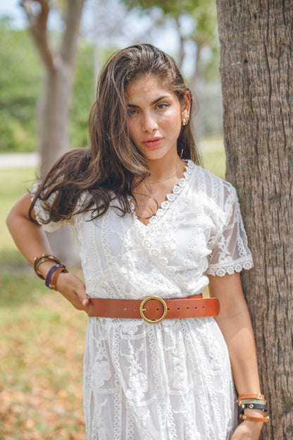 5032 - Wide Brass-Toned Ring Buckle Leather Belt - Wholesale Belt - Most Wanted USA