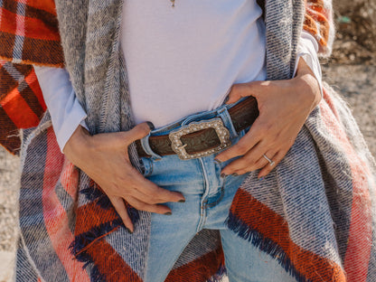 5152 - Tooled Leather Belt with Vintage Rhinestone Frame Buckle - Wholesale Belt - Most Wanted USA