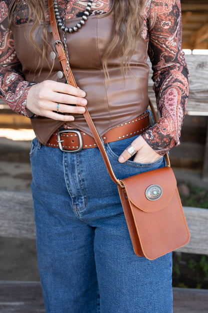 1006 - Leather Concho Cellphone Crossbody - Wholesale Handbag - Most Wanted USA