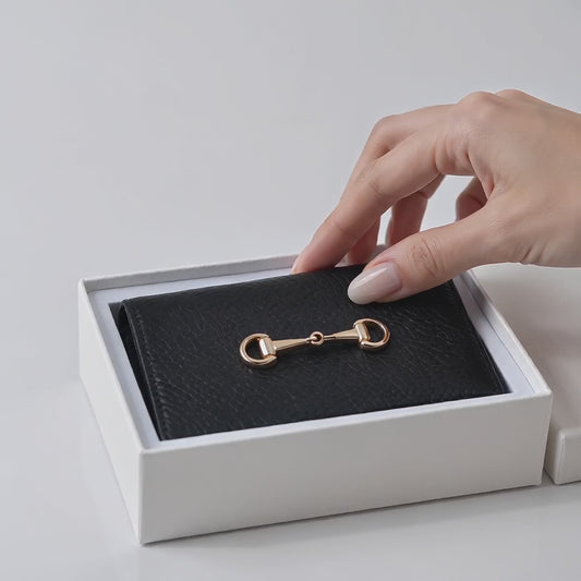 Gold Horsebit Compact Folded Card Case in Grained Leather