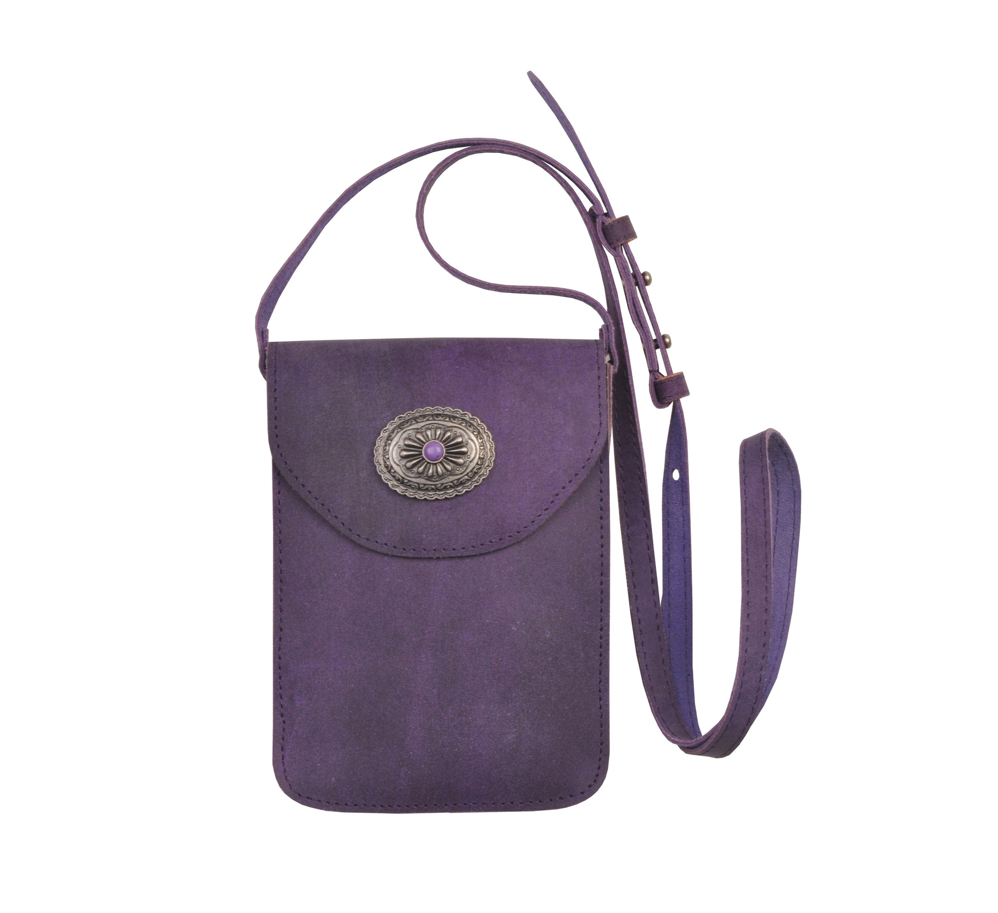 1006-PURPLE 1006 - Leather Concho Cellphone Crossbody - Wholesale Handbag - Most Wanted USA