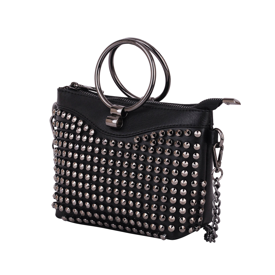 1321- Metal Ring Handle Studded Pouch Crossbody