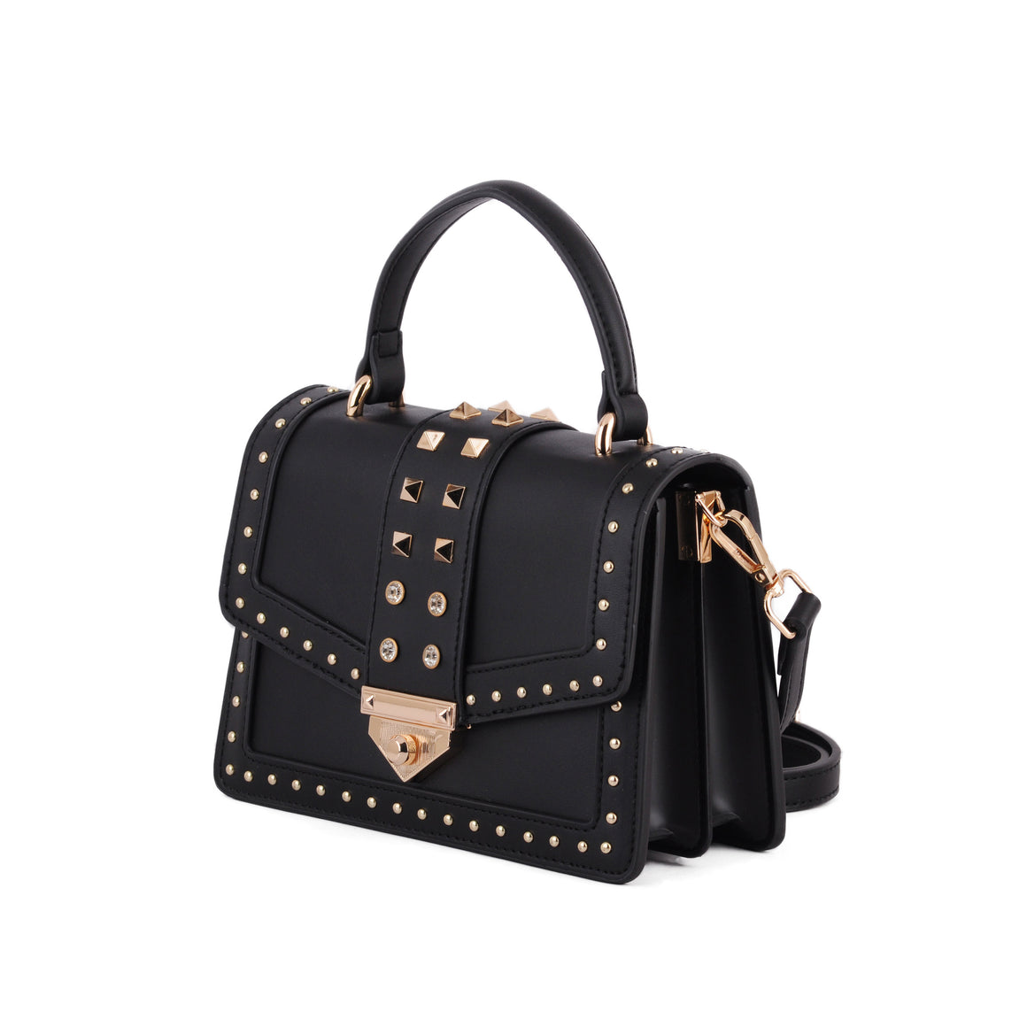 Front of Black Studded Rhinestone Flap Satchel Most Wanted USA