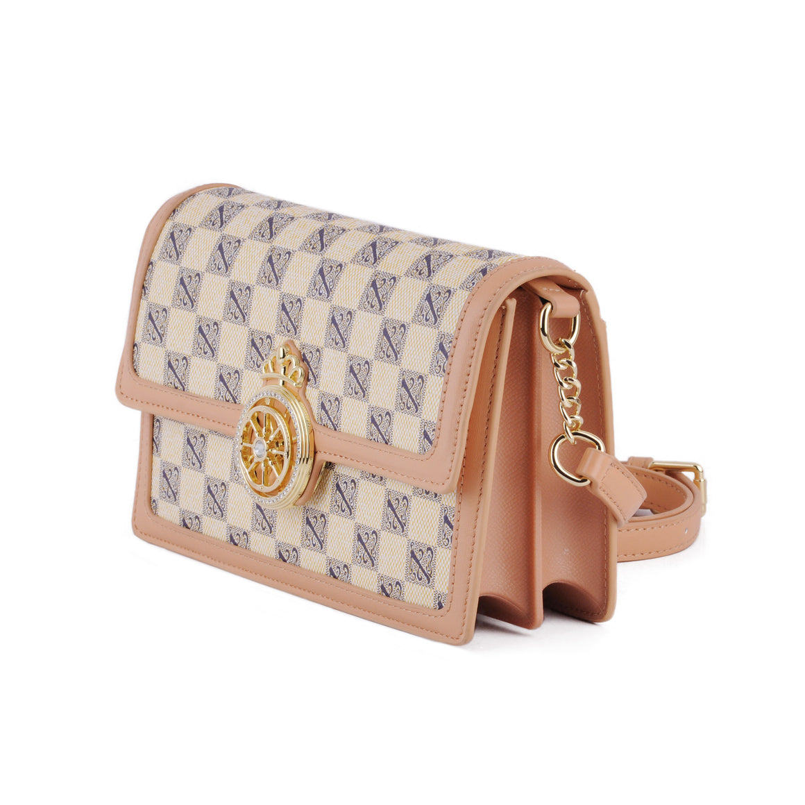 Front of Beige Checkered Crossbody with Gold Spinning Buckle most wanted usa