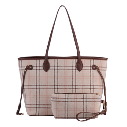 1375-BEIGE 1375 - Royal Stewart Plaid Large Tote With Matching Pouch - Wholesale Handbag - Most Wanted USA