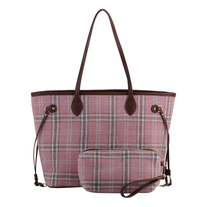 1375-PINK 1375 - Royal Stewart Plaid Large Tote With Matching Pouch - Wholesale Handbag - Most Wanted USA